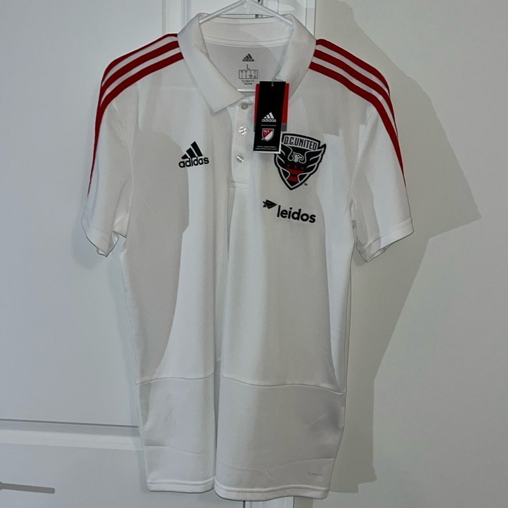 New MLS w/tags White mens DC United soccer Adidas Coaches Polo Golf Shirt Top L